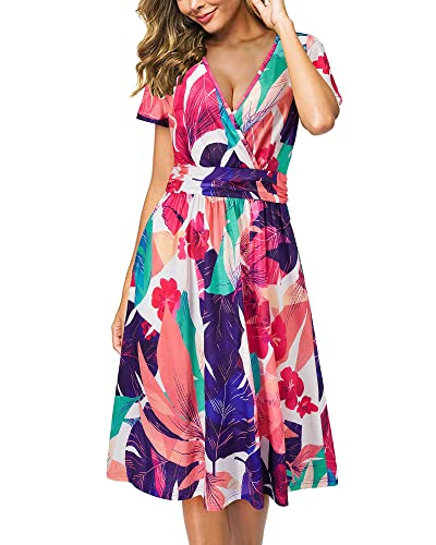 Image of Newshows Women's Pockets Wrap V Neck Floral Summer Vacation Casual Sundress | Wrinkle Free, Stretchy, Summer Beach Floral Sundress 2026, Casual Dress for Vacation, Guaduation, Side Pockets, A-line