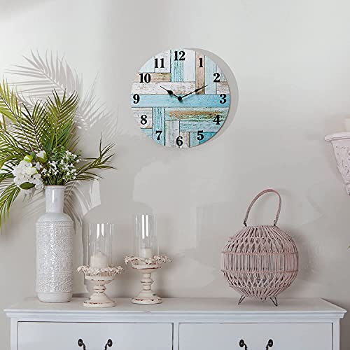 NIKKY HOME 16 Inch Beach Teal Wall Clock, Rustic Silent Noiseless Spliced Wooden Coastal Nautical Battery Operated Clock for Bathroom, Kitchen - Image 3