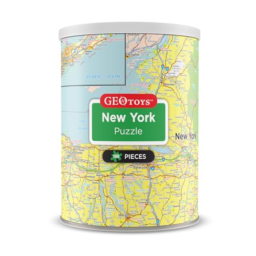 Geotoys New York Mini State Puzzle – 100 Piece Puzzles for Kids and Adults in Portable Can, 13