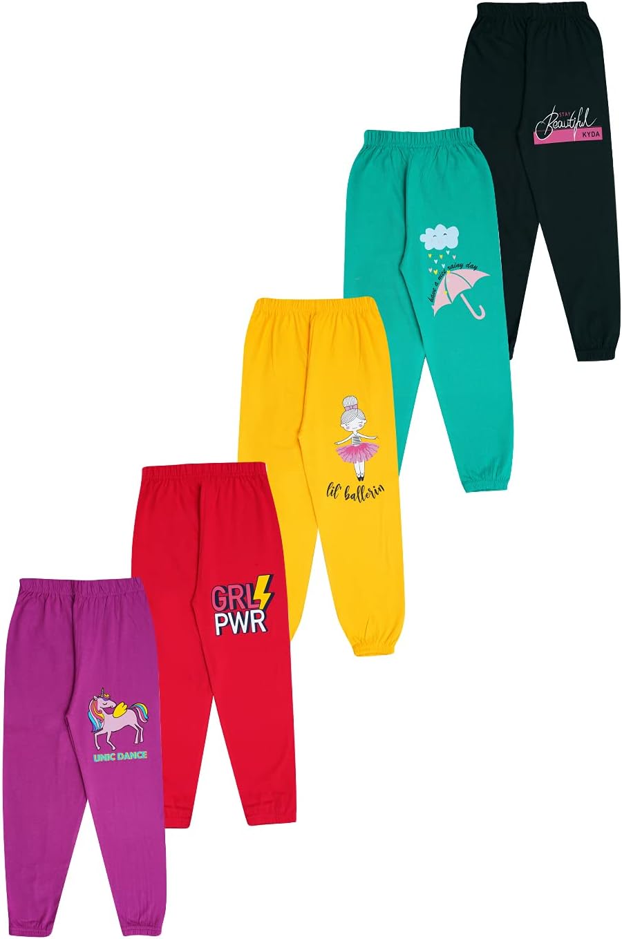 KYDA KIDS® Girls 100% Pure Cotton Printed Track Pants | Elastic Waist Loose Fit Casual Summer Wear | Soft Comfortable Kids Trousers Multicolor Combo (Pack of 5)