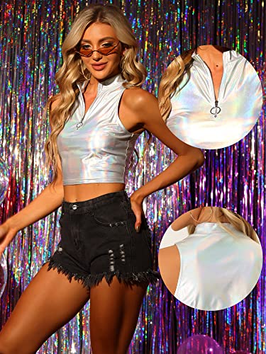 Allegra K Metallic Crop Tops for Women's Mock Neck Zip Up Sleeveless Shiny Holographic Tank Top2