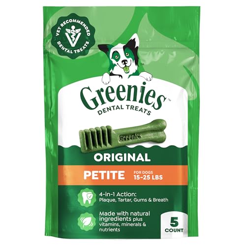 Image of Greenies Veterinarian-Recommended Adult Natural Dental Dog Treats Petite Size, Dog Dental Chews, Original Flavor, 3 oz. Pack, 5 Count