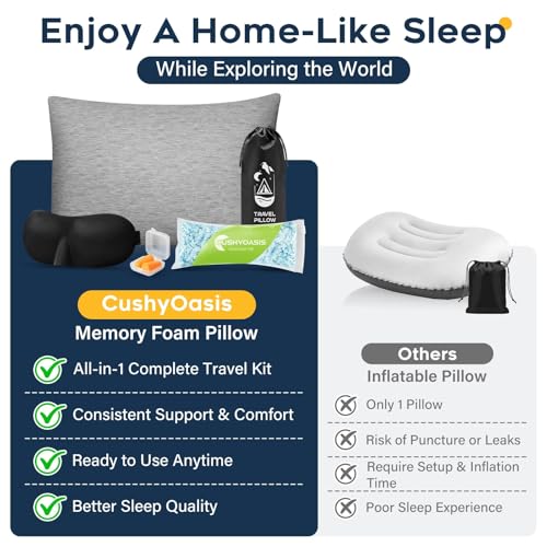 Image of CushyOasis All-in-1 Camping Pillow Set - Shredded Memory Foam Neck Pillow Travel Pillow with Eye Mask, Earplugs, Washable Cover, Compact for Backpacking, Camping, Flights, Car Travel (Large Size)