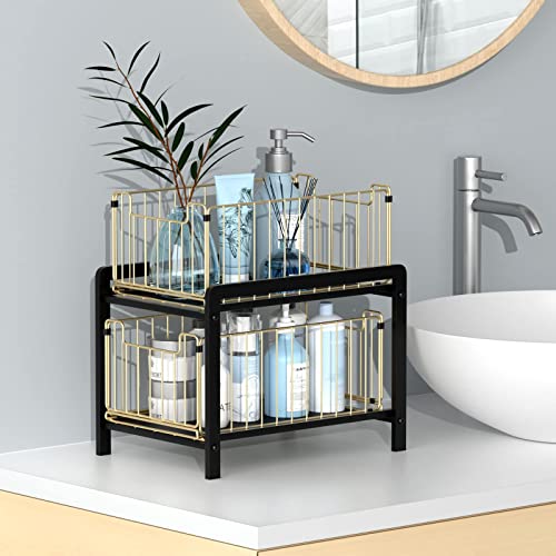 2 Tier Under Sink Organzier, Npplus Metal Under Sink Cabinet Organizers With Sliding Drawer, Pull-Out Home Organizer For Bathroom, Kitchen - Gold #TOP6