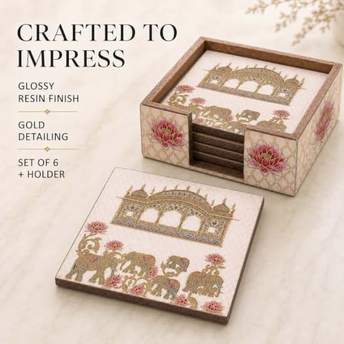 Image of The Earth Store Premium Regal Elephant Wooden Coaster Set of 6 with Matching Holder - Engineered Wood with Resin Art Wooden Coaster | Tea Coaster Set of 6 | Square Coaster Set for Dining Table