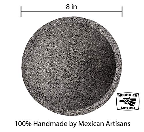 Genuine Handmade Mexican Mortar and Pestle, Molcajete de Piedra Volcanica Mexicana, Perfect for Homemade Salsas, Guacamole, and other Molcajete Plates | Made in Mexico (8 IN)