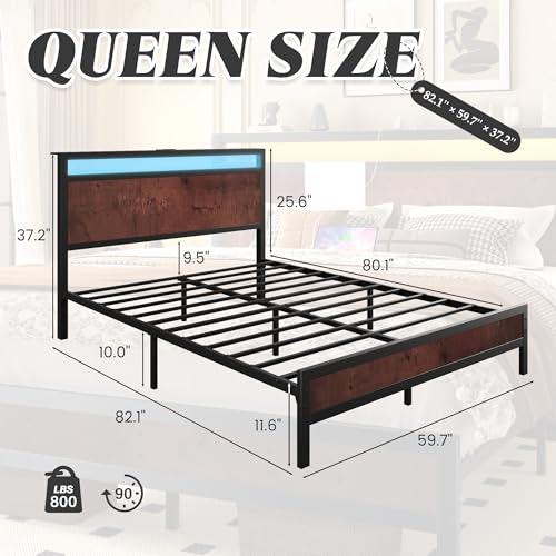 Image of Fluest Queen Bed Frame with Headboard & Footboard, Bed Frame with Built-in Charging Station & LED Light, Storage Shelf, Noise-Free, No Box Spring Needed, Easy Assembly, Coffee Brown