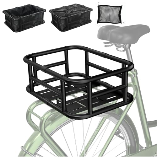 Bike Basket Rear Heavy Duty Bicycle Baskets w Liner Cargo Net Waterproof Cover Ebike Accessories for Adult Bikes Electric Bike Carrying Grocery Requires Assembly(Medium)
