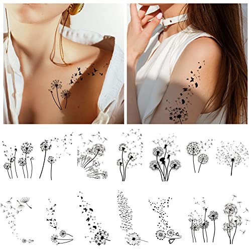 14 Sheets Dandelion Temporary Tattoos For Women, Waterproof Realistic Flying Birds Butterfly For Women Girls Body Leg Arm Hand Wrist Neck Decoration #TOP1