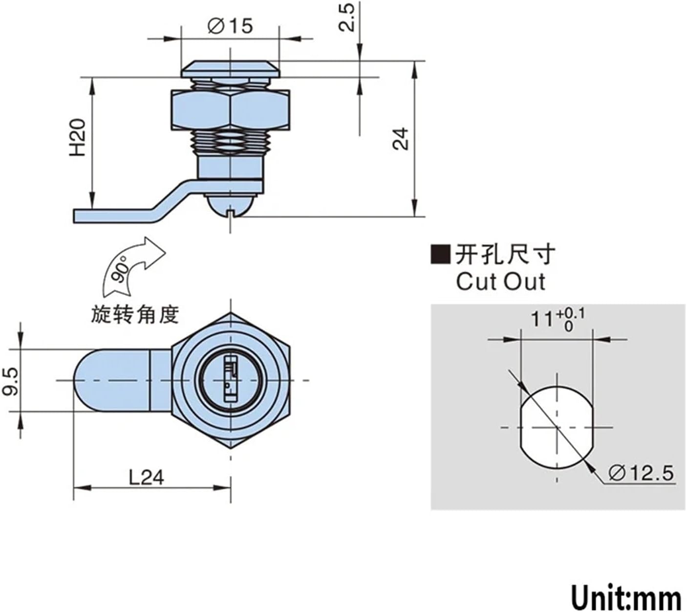 Mini Cam Lock with 2 Keys Diameter 11mm Zinc Alloy Easy Installed for Distribution Cabinet Door Lock MA084 1Pcs