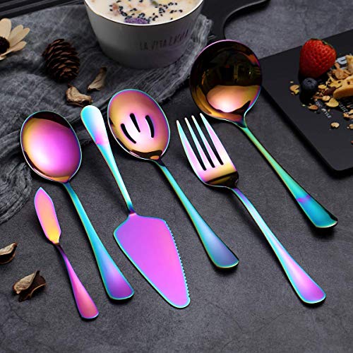 Rainbow Serveerlepels Set 6 Stuks, Serveergerei Set Inclusief Taartschep Sleuf Lepel Serveerlepel Serveervork Pollepel Botermes Spreader Serveerset Vaatwasmachinebestendig - Afbeelding 3