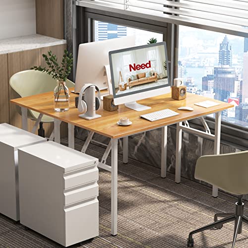 Image of Need Office Computer Desk 47.2x23.6 in Sturdy Folding Laptop Table Teak | White Frame Writing Gaming Work Table /Foldable Home Office Desk /Sewing Table, No Assembly Required