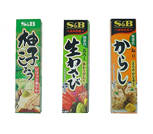 S&B Japanese Wasabi Paste (Oroshi Nama Wasabi) in Plastic Tube, 1.51oz + Yuzu Kosho Paste in Plastic Tube, 1.41oz + Karashi (Japanese Mustard) Paste in Plastic Tube, 1.51oz