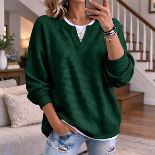 Womens Waffle Knit Top Faux Layered V Neck Waffle Knit Sweater - image 2