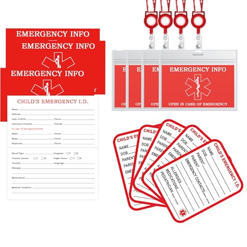 Image of Child Emergency Contact Sticker Tags Car Seat Safety Set 10 Pcs Ice Emergency Sticker with 10 Folding Medical Information Id Card and Card Sleeves Medical Information Card with Lanyard (10 Set)