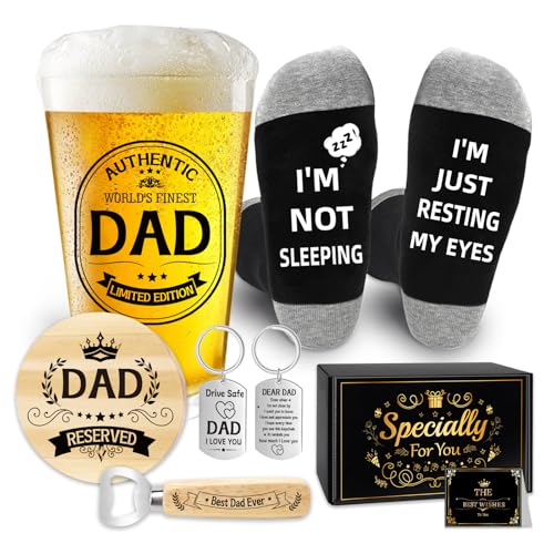 Epaing Fathers Day Dad Gifts Beer Glass Set 500ml Pint Glass Dad Gifts from Daughter Son Personalised Beer Glass and Socks Presents for Dads Birthday with Keyring Bottle Opener Coaster and Card