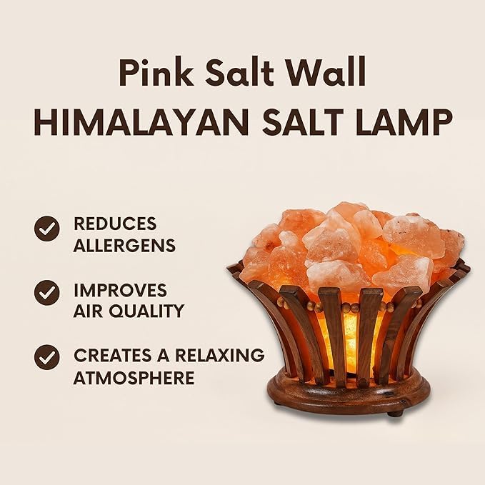 Himalayan Pink Salt Lamp with Wood Base, 6" Height x 9" Diameter, 8.4 lb, Night Light