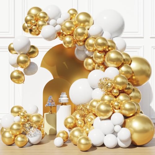 Image of White and Gold Balloons Arch Kit, Gold Balloons Engagement Party Decoration