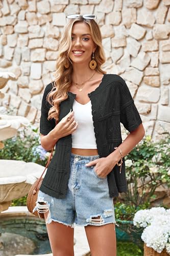 ECOWISH Summer Crochet Cardigans for Women: 2026 Lightweight Short Sleeve Crewneck Button Down Cropped Casual Sweater Tops 440 Black XL — view 2