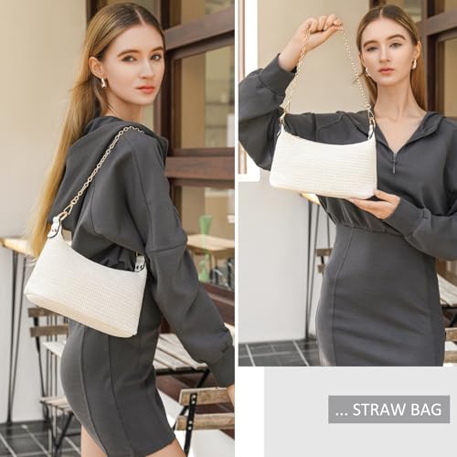 CROJUYI Straw Shoulder Bag for Women Soft Small Woven Shoulder Purse Handbag,Beach Tote Straw Bag for Summer2
