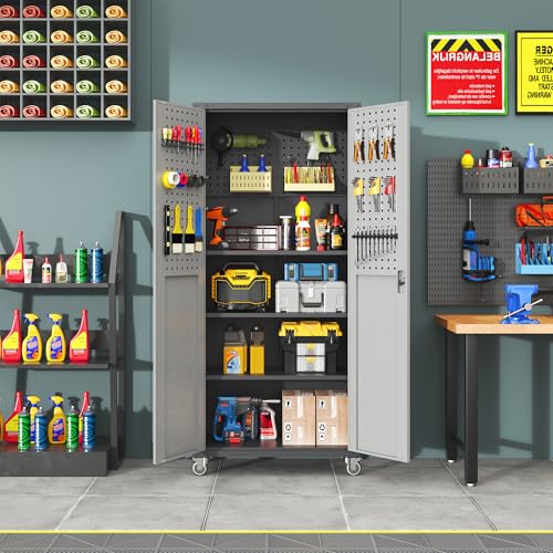 LLGWGL Metall Garagenschrank Sideboard Werkzeugschrank - 180cm Heavy Duty Robuster Industrieschrank mit Rollen 3 Verstellbaren Böden Schloss 317kg Traglast für Garage Werkstatt Büro,Schwarz/Grau