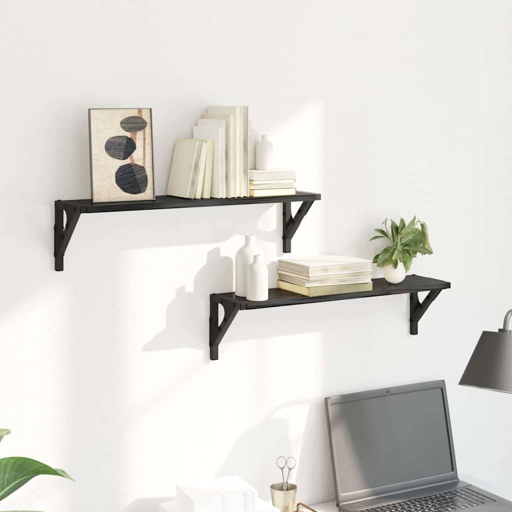 Juego de 2 estanterías de pared con marco de metal, color roble negro, 60 x 15 x 15,5 cm, ideal para salón y oficina en casa