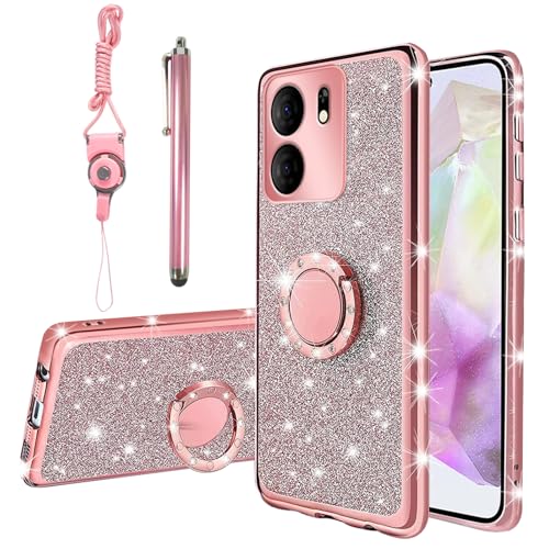 KuDiNi for BLU View 5 Case BLU View 5 Phone Case for Women Girls Glitter Crystal Soft Clear TPU Luxury Bling Cute Protective Cover with Kickstand Strap for Blu View 5 B160V (Glitter Rose)
