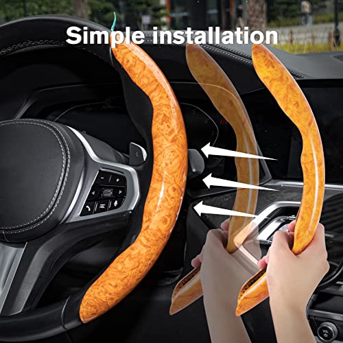 Image of Amiss Car Wood Grain Steering Wheel Cover, Car Interior Accessories, 2PCS Segmented & Butterfly Design, Universal 99% Vehicle Wheel Cover Protector (Yellow)
