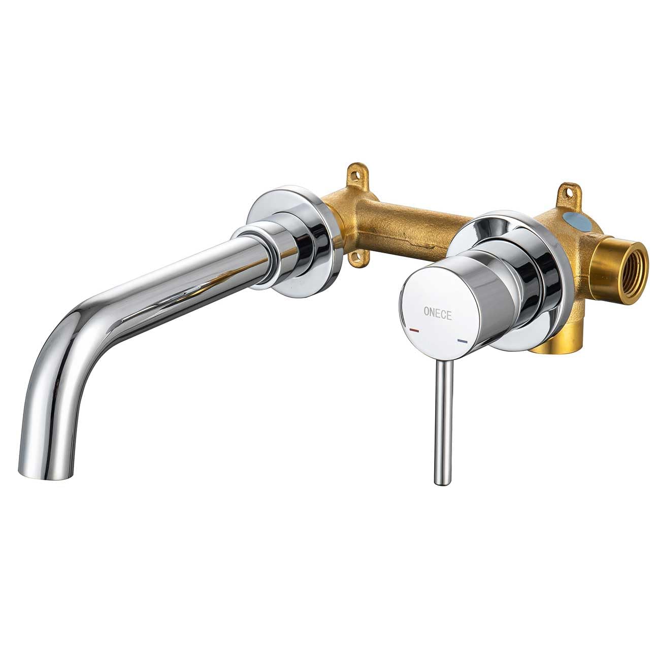 ONECE Grifo de Lavabo Montado en la Pared, Grifería Baño de Latón | Mezclador Monomando Empotrado, Función Frío y Caliente, Giratorio de 360°, Aireador Extraíble, Cromado