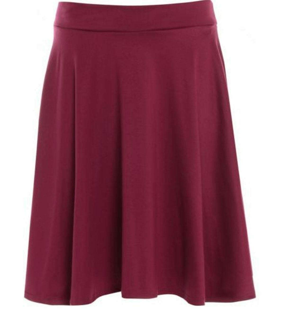 Womens Elasticated Waistband Soft Stretch Skirt Ladies Knee Length FLA Swing Skater Midi Skirt Wine