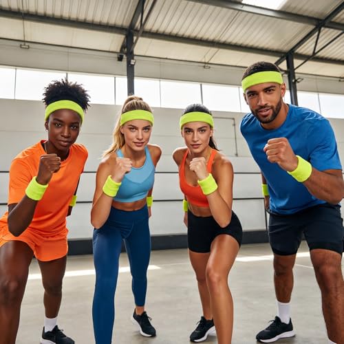 Image of Bememo 6 Pcs Neon Sports Sweatbands Set Sports Competitions Sweatbands 2 Headband 4 Wristbands Breathable Terry Cloth Athletic Bands for Team Soccer Spirit 80s Costumes Cosplay