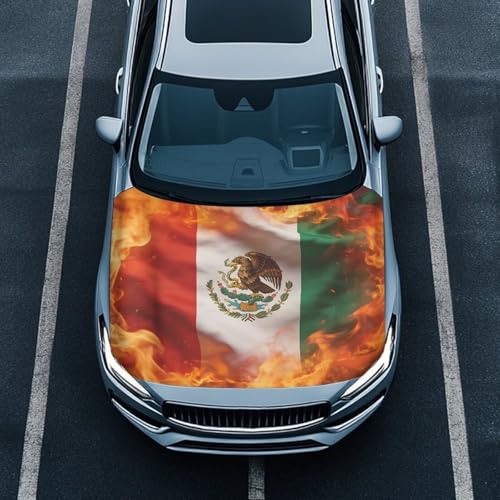 Image of Mexican Flag Print Car Hood Cover Protector Stretchable Car Hood Wrap Blankets Mexican Independence Day Decorations Automotive Exterior Accessories for Compact SUV Sedans Trucks Pickup