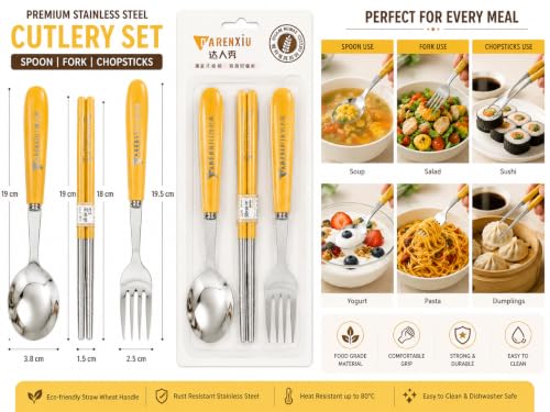Image of Stainless Steel Cutlery Set, 3-Piece | Spoon, Fork, Chopsticks