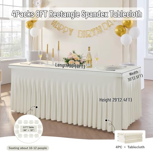 Image of Outpain 8ft Spandex Table Cloth for Standard Folding Tables-4Pack Ivory Table Cloth Table Protector for Party, Wedding, Cocktail, Banquet, Festival