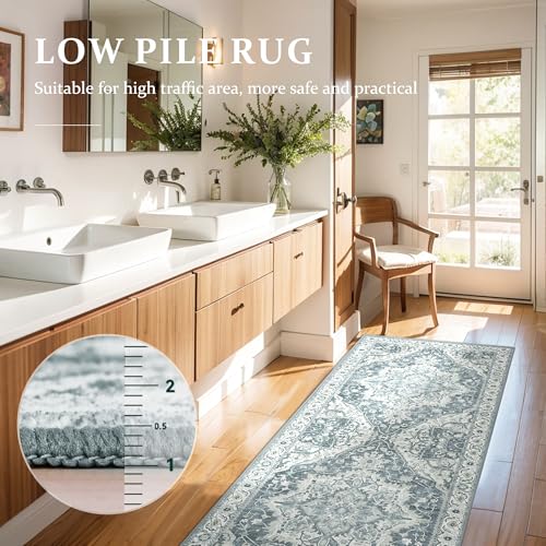 Deerly Vintage Runner Rug 2x6 Hallway Runners Boho Non-Slip Entryway Throw Rug Non-Slip Washable Low-Pile Floor Carpet for Indoor Front Entrance Kitchen Bathroom, Canal Blue/Multi