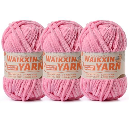 Image of (3 Deep Pink) 3 Pack Super Soft Fuzzy Chenille Chunky Yarn for Crocheting, 300g (261yds) Velvet Fluffy Amigurumi Yarn for Hand Knitting Baby Blankets Weaving Craft