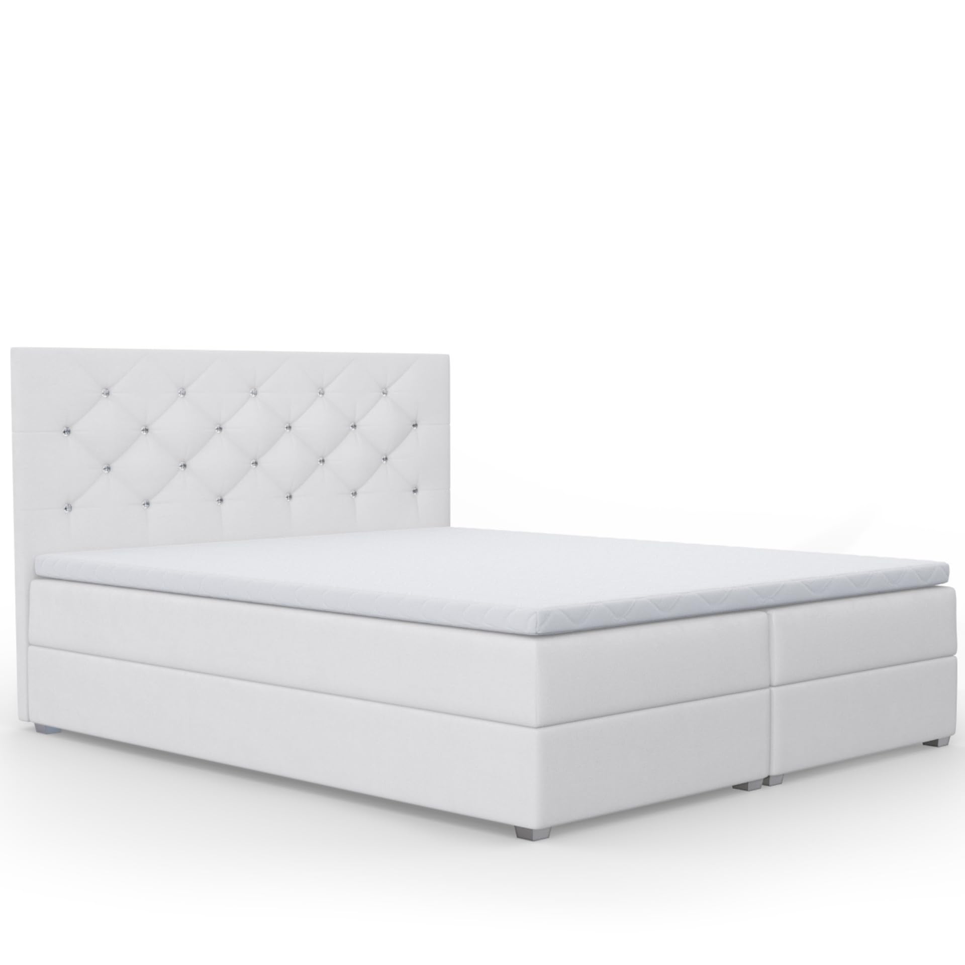 Boxspringbett mit 2 Bettkästen und Taschenfederkernmatratze H3, Bett mit Zierknöpfen am Kopfteil, Topper-Matratze 3cm, verstärkter Rahmen, weiß Plüsch, 160x200cm - Fano