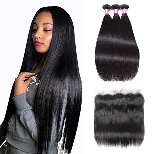 Straight Hair Bundles With Frontal 18 20 22 and 16 Inches Brazilian Human Hair 3 Bundles With Frontal 13x4 Lace Frontal Closure Natural Black 18 20 22 and 16 Inches