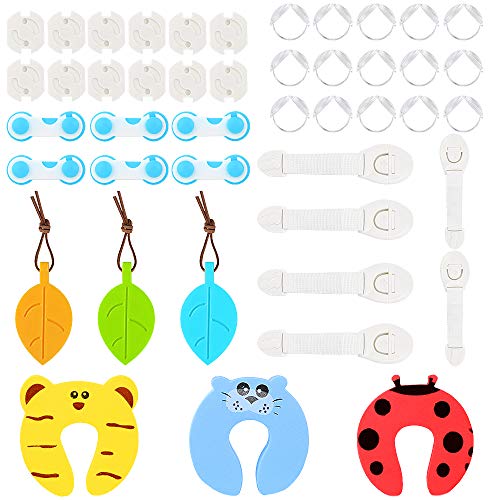 45 PCS Kit Sicurezza Bambini Casa, 15 Protezione Angoli 12 Coperchio di Protezione della Presa 6 Chiusure Sicurezza Bambini 6 Serrature a Cassetto Regolabili 3 Cuscino di Chiusura 3 Fermaporta Bambini