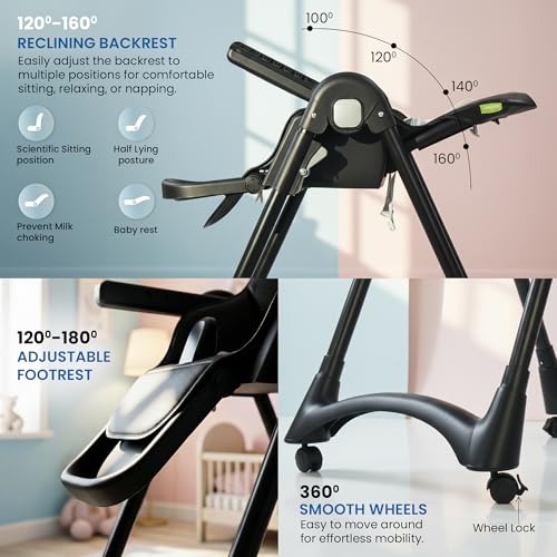 Image of BAYBEE High Chair for Baby 6 to 18 Months, 6-Level Height Adjustable Feeding Chair with Reclining Backrest, Foldable Frame, 5-Point Safety Harness, Double Removable Tray, Footrest & Lockable Wheels (Black)