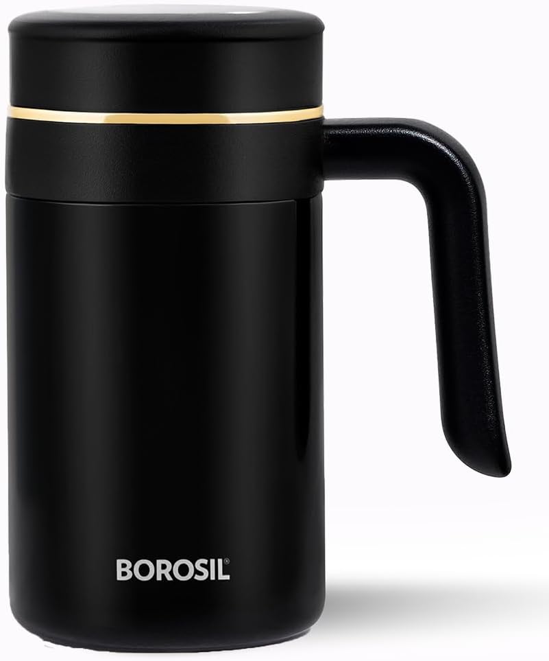 Borosil Hydra Klassic Super Insulated Mug, Vacuum Insulated Travel Coffee/Tea Mug, 8 Hrs Hot and 13 Hrs Cold, Easy to Carry, Leak Proof, 540 ml, Black, Stainless Steel