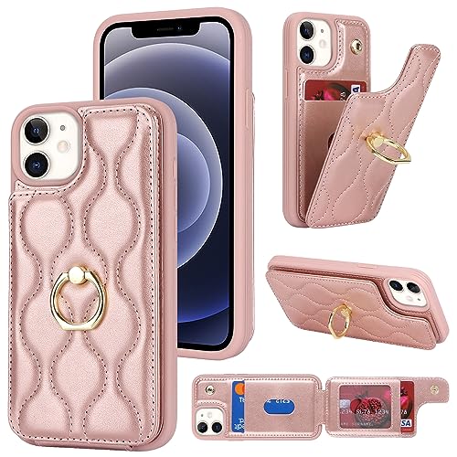 Image of for iPhone 12 Mini Case with Card Holder,iPhone 12 Mini Wallet Case for Women,Credit Card Holder,Stand Ring Kickstand and RFID Blocking,PU Leather Phone Case 5.4 inch(Rose Gold)