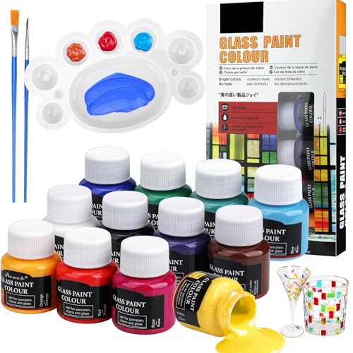 Teokantz 12 Colors Stained Glass Paint Set 25ml Waterproof Acrylic Enamel & Ceramic Glass Painting Kit for Arts on Transparent Wine Glasses Jars Windows with 2 Brushes & 1 Palette