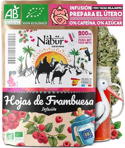 Nabür - 200 gr Hojas de Frambuesa orgánica para la preparación al final del embarazo y el parto, Menstruaciones dolorosas y Menopausia.