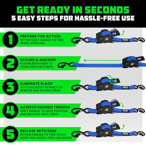 Image of Rhino USA Retractable Ratchet Straps (4-Pack) - 1 Inch x 10 Feet (1,209lb Break Strength) - Auto Self Retracting Tie Down Straps for Truck, Cargo Trailer, Motorcycle, ATV, UTV - Blue