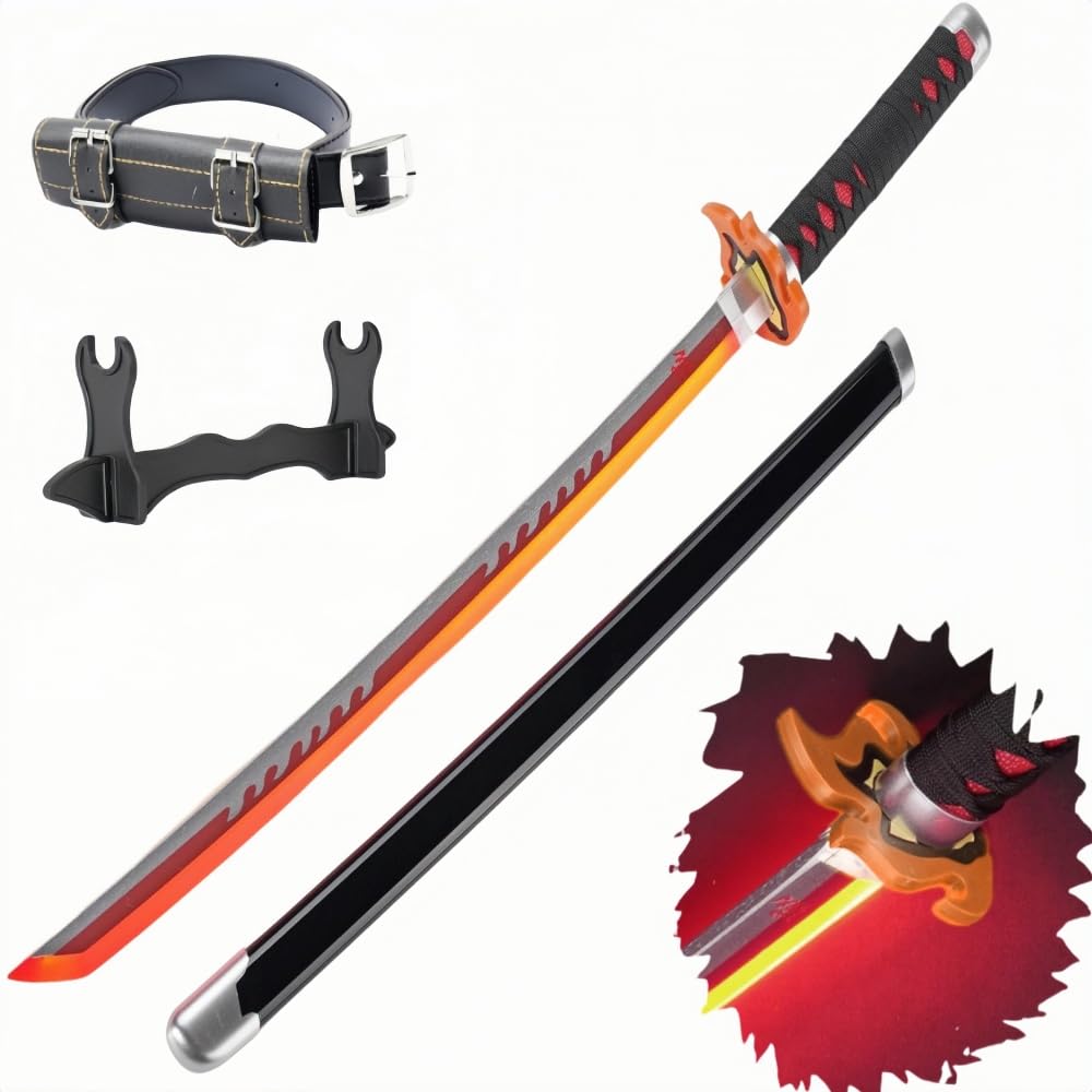 Demon Katana Sword, Light Up Sword, 41 Inches Rechargeable, with Display Stand and Belt, Suitable for Tanjiro Cosplay and Collection, Anime Original Texture.