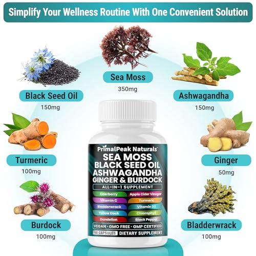Sea Moss Black Seed Oil Ashwagandha Ginger Burdock Bladderwrack Turmeric & Vitamin C Vitamin D3 with ACV Elderberry Chlorophyll Dandelion Yellow Dock Vegan Capsules - 60 Count - Image 3