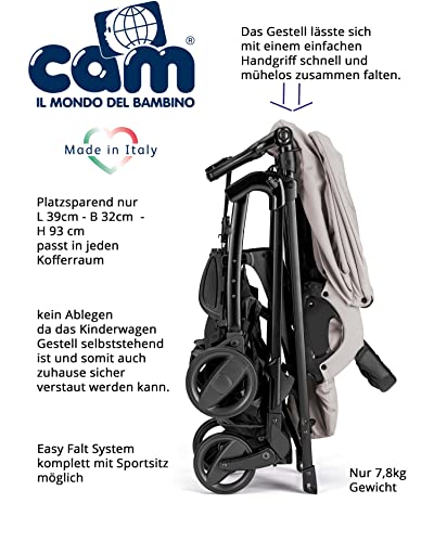 CAM 3 in 1 Kombi-Kinderwagen COMBI TRIS | inkl. Babyschale, Babywanne, Sportwagen, Körbchen und Tasche | Der Allrounder made in Italy: praktisch, komfortabel und sicher (ricamo orso beige)