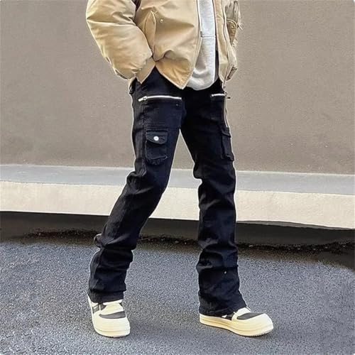 Men Zipper Flared Jeans Cargo Pants Clothes Straight Solid Casual Long Trousers3