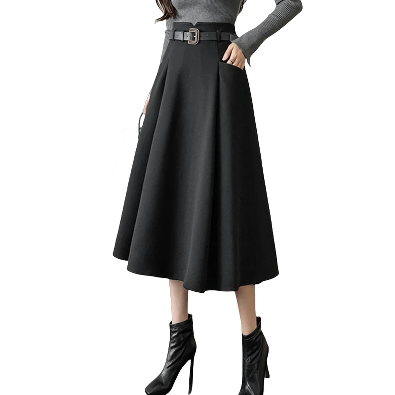 Gonna Lunga Donna caffè Elegante Moda Inverno Caldo Gonna per Donna Alta Vita Casual Grande Oscillazione Gonna di Mezza Lunghezza con Cintura-Nero-s